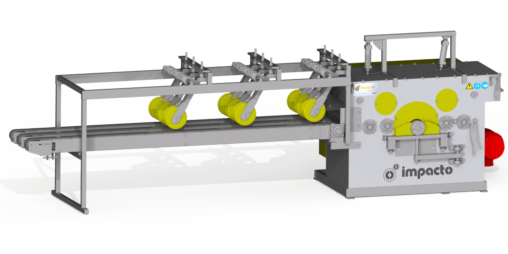Equipamento de alta produção projetado para refilar costaneiras, pranchas e tábuas, removendo esmoado resultando em madeiras limpas.