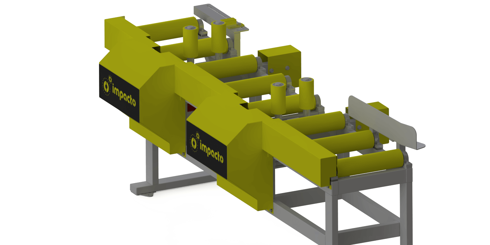 Equipamento projetado para centralizar blocos, toras e tábuas nas linhas de produção, buscando o alinhamento ideal para a entrada de corte.